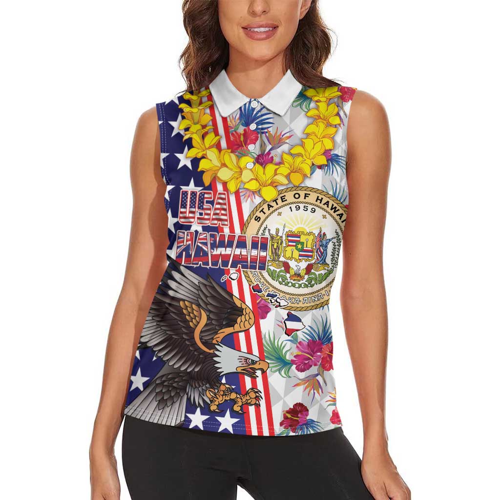 Hawaii and United States Together Women Sleeveless Polo Shirt Seal of Hawaii and Bald Eagle - Wonder Print Shop