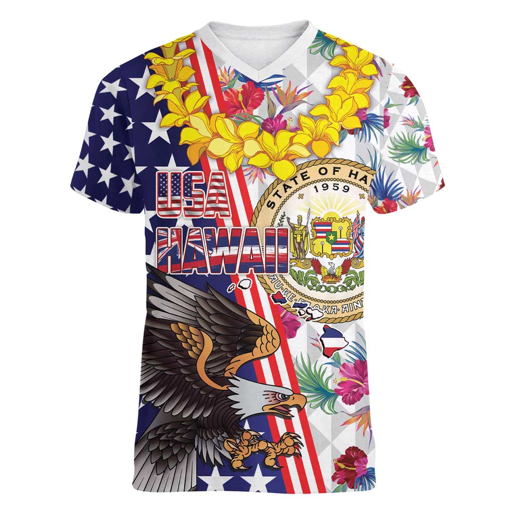 Hawaii and United States Together Women V-Neck T-Shirt Seal of Hawaii and Bald Eagle - Wonder Print Shop