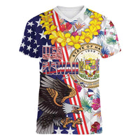 Hawaii and United States Together Women V-Neck T-Shirt Seal of Hawaii and Bald Eagle - Wonder Print Shop