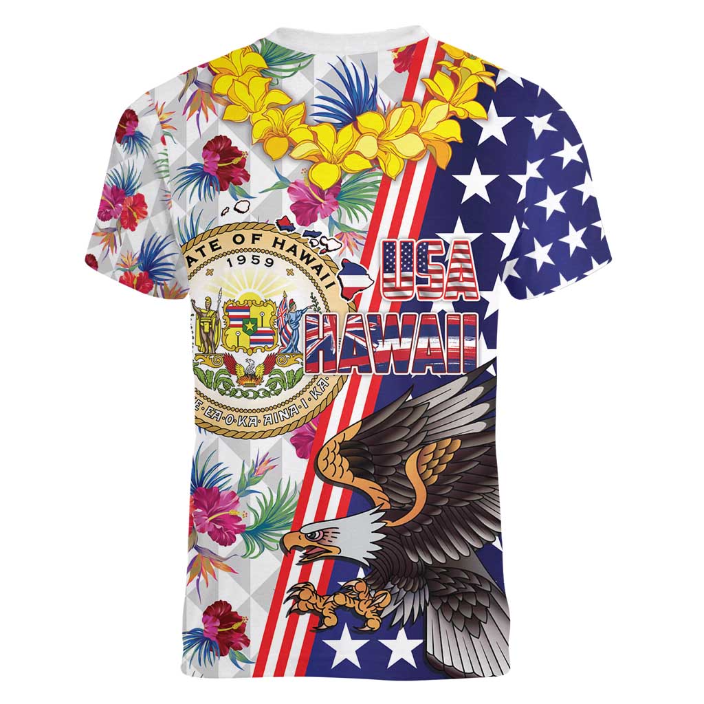Hawaii and United States Together Women V-Neck T-Shirt Seal of Hawaii and Bald Eagle - Wonder Print Shop