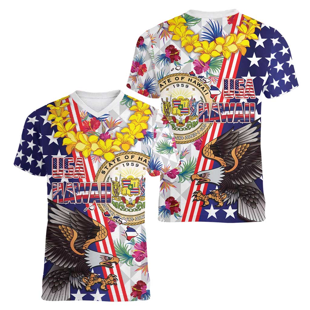 Hawaii and United States Together Women V-Neck T-Shirt Seal of Hawaii and Bald Eagle - Wonder Print Shop