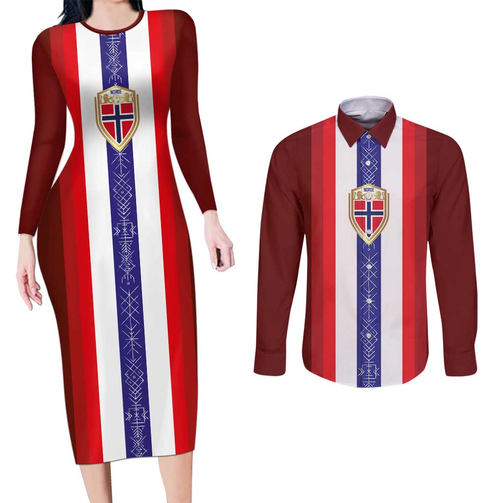 Custom Norway Football Couples Matching Long Sleeve Bodycon Dress and Long Sleeve Button Shirt Norwegian Stripes-Viking Style - Wonder Print Shop