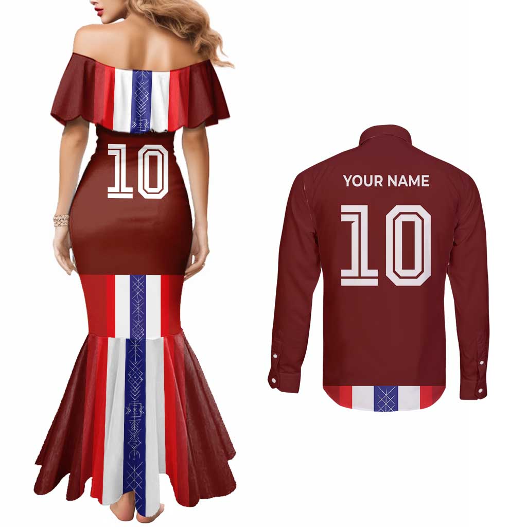 Custom Norway Football Couples Matching Mermaid Dress and Long Sleeve Button Shirt Norwegian Stripes-Viking Style - Wonder Print Shop