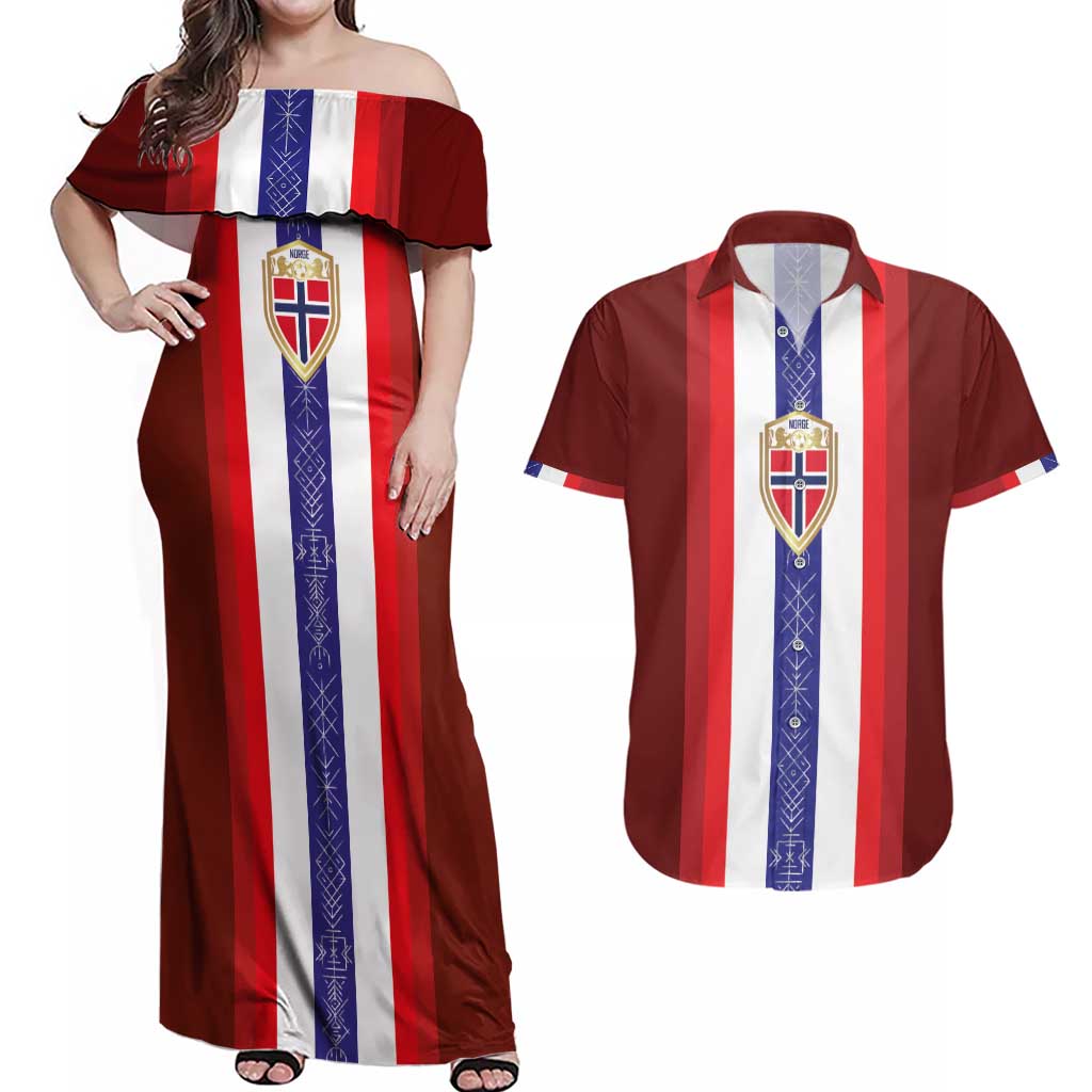 Custom Norway Football Couples Matching Off Shoulder Maxi Dress and Hawaiian Shirt Norwegian Stripes-Viking Style - Wonder Print Shop