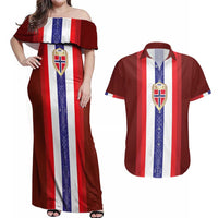 Custom Norway Football Couples Matching Off Shoulder Maxi Dress and Hawaiian Shirt Norwegian Stripes-Viking Style - Wonder Print Shop