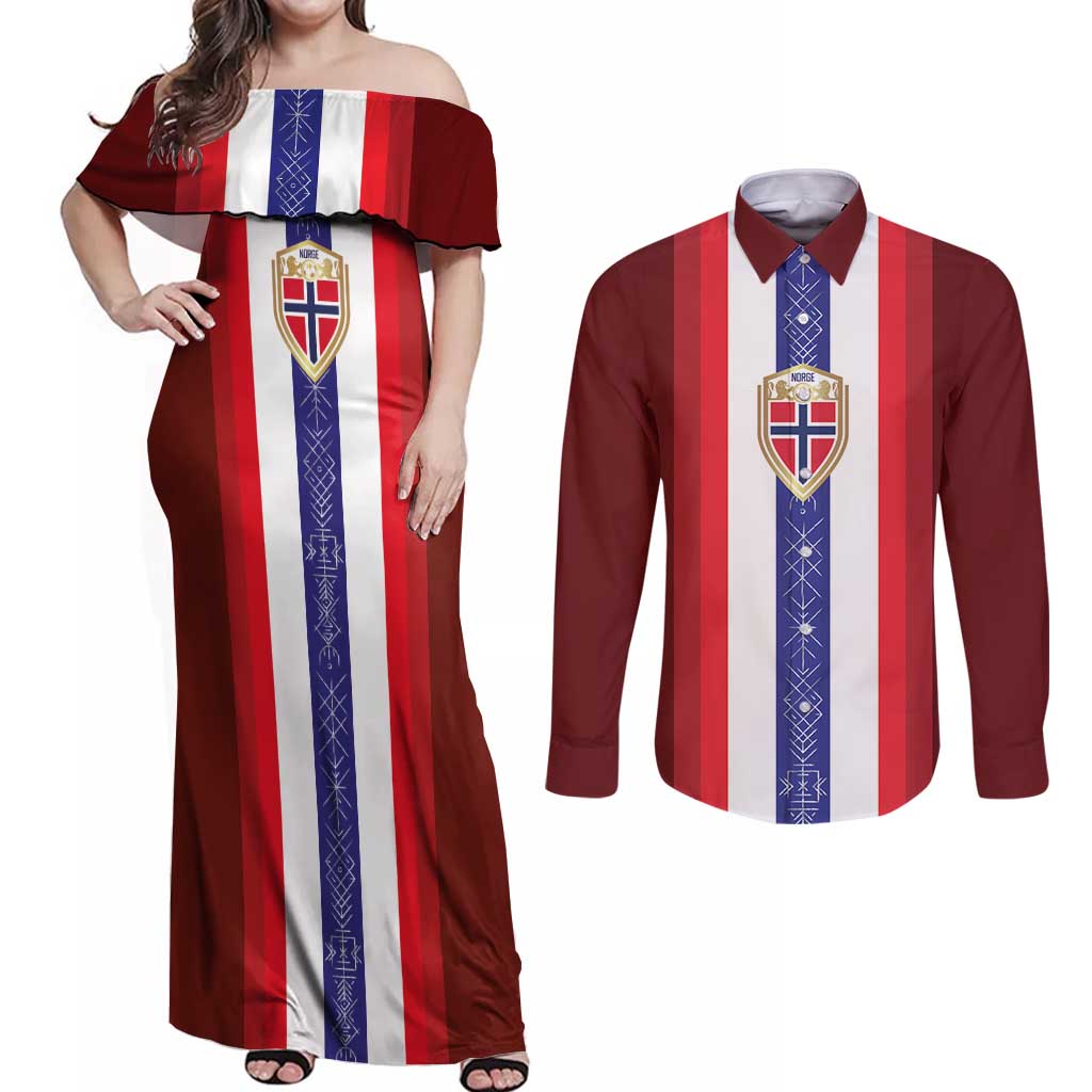 Custom Norway Football Couples Matching Off Shoulder Maxi Dress and Long Sleeve Button Shirt Norwegian Stripes-Viking Style - Wonder Print Shop