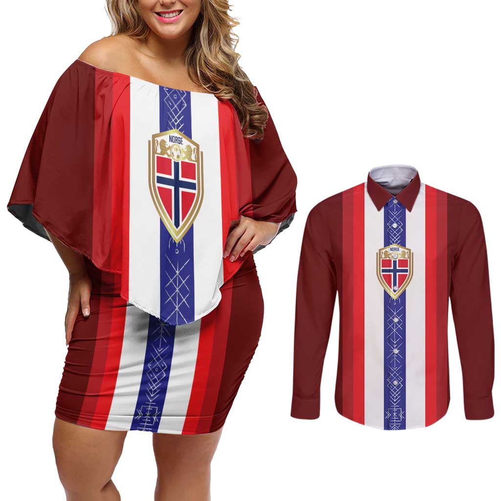 Custom Norway Football Couples Matching Off Shoulder Short Dress and Long Sleeve Button Shirt Norwegian Stripes-Viking Style - Wonder Print Shop