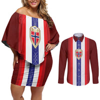 Custom Norway Football Couples Matching Off Shoulder Short Dress and Long Sleeve Button Shirt Norwegian Stripes-Viking Style - Wonder Print Shop