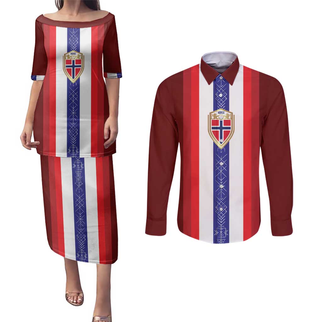 Custom Norway Football Couples Matching Puletasi and Long Sleeve Button Shirt Norwegian Stripes-Viking Style - Wonder Print Shop