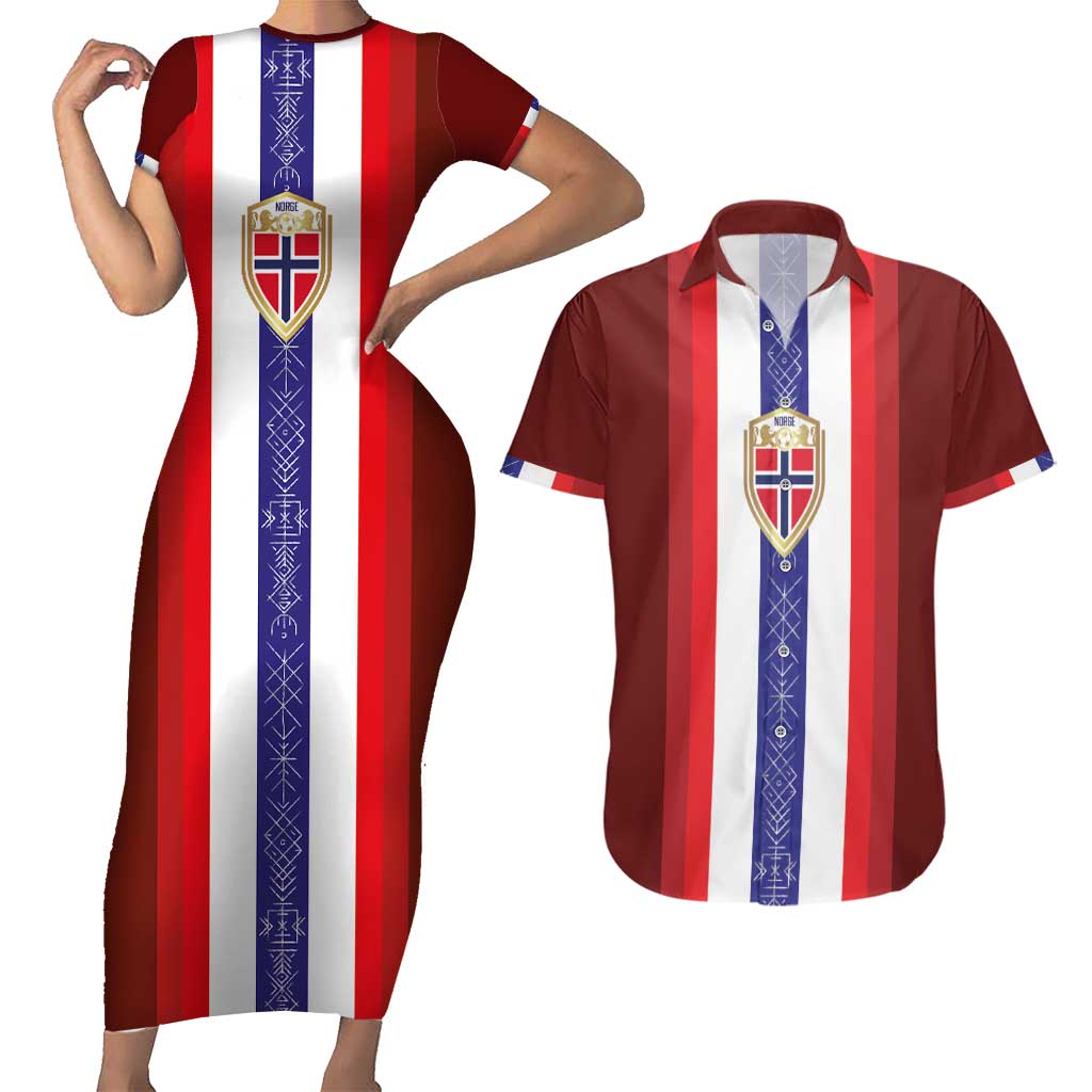 Custom Norway Football Couples Matching Short Sleeve Bodycon Dress and Hawaiian Shirt Norwegian Stripes-Viking Style - Wonder Print Shop