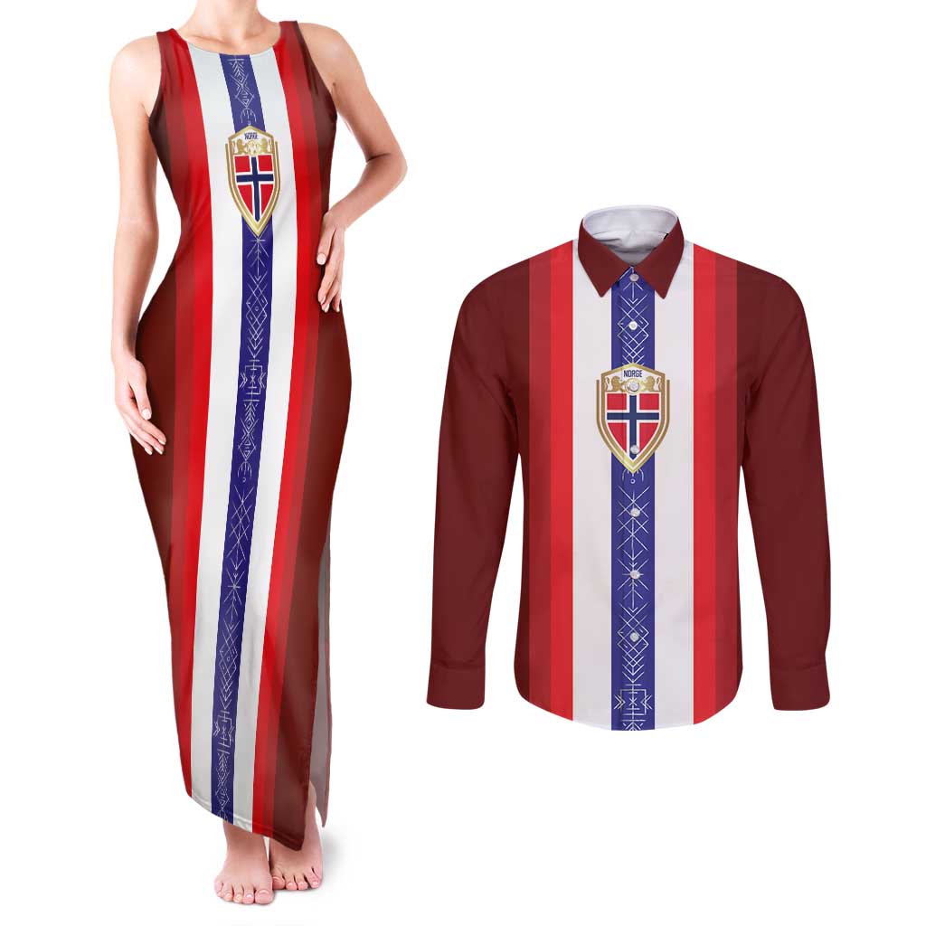 Custom Norway Football Couples Matching Tank Maxi Dress and Long Sleeve Button Shirt Norwegian Stripes-Viking Style - Wonder Print Shop