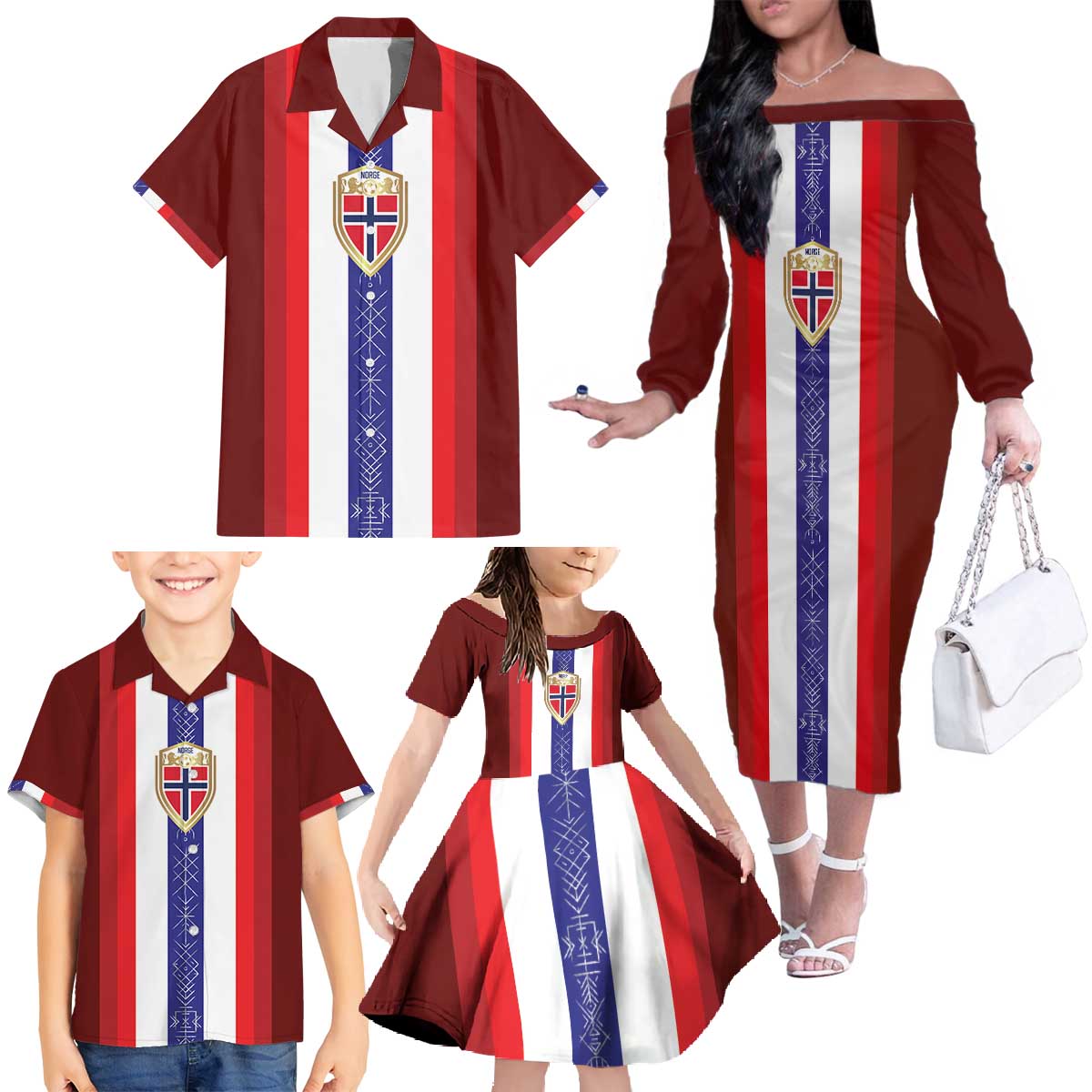 Custom Norway Football Family Matching Off The Shoulder Long Sleeve Dress and Hawaiian Shirt Norwegian Stripes-Viking Style - Wonder Print Shop