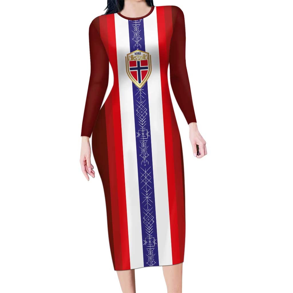 Custom Norway Football Long Sleeve Bodycon Dress Norwegian Stripes-Viking Style - Wonder Print Shop