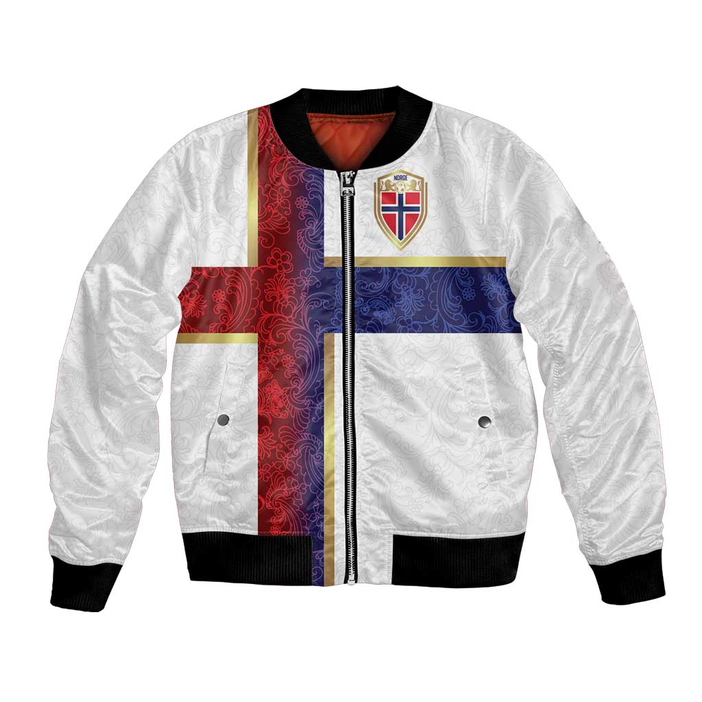 Custom Norway Football Bomber Jacket Norwegian Flag Style with Rosemaling Pattern - Wonder Print Shop
