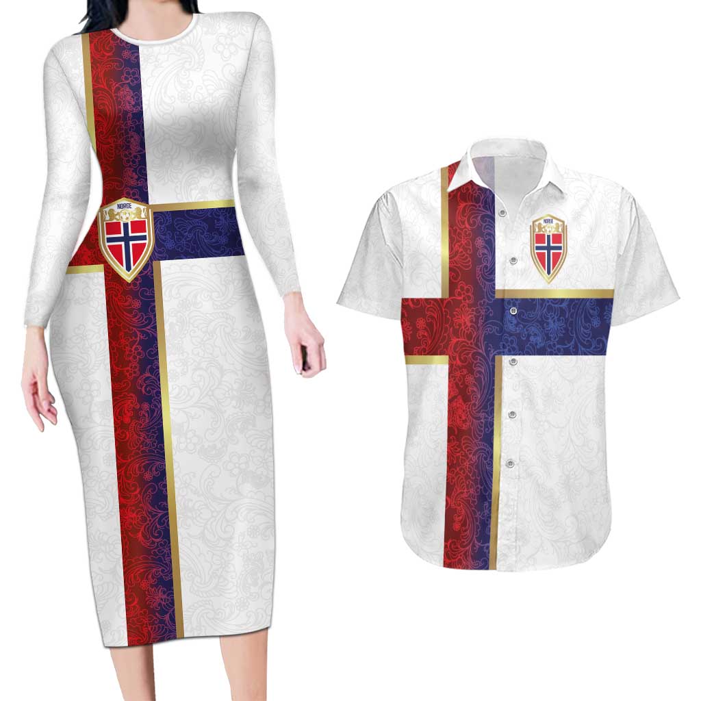Custom Norway Football Couples Matching Long Sleeve Bodycon Dress and Hawaiian Shirt Norwegian Flag Style with Rosemaling Pattern - Wonder Print Shop