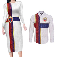 Custom Norway Football Couples Matching Long Sleeve Bodycon Dress and Long Sleeve Button Shirt Norwegian Flag Style with Rosemaling Pattern - Wonder Print Shop