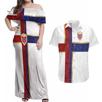 Custom Norway Football Couples Matching Off Shoulder Maxi Dress and Hawaiian Shirt Norwegian Flag Style with Rosemaling Pattern - Wonder Print Shop