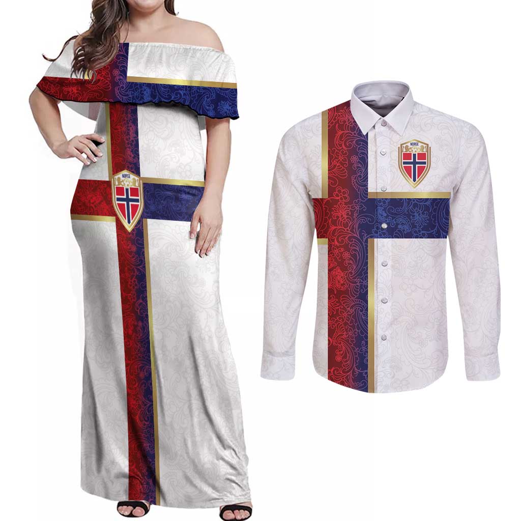 Custom Norway Football Couples Matching Off Shoulder Maxi Dress and Long Sleeve Button Shirt Norwegian Flag Style with Rosemaling Pattern - Wonder Print Shop
