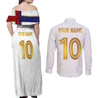 Custom Norway Football Couples Matching Off Shoulder Maxi Dress and Long Sleeve Button Shirt Norwegian Flag Style with Rosemaling Pattern - Wonder Print Shop