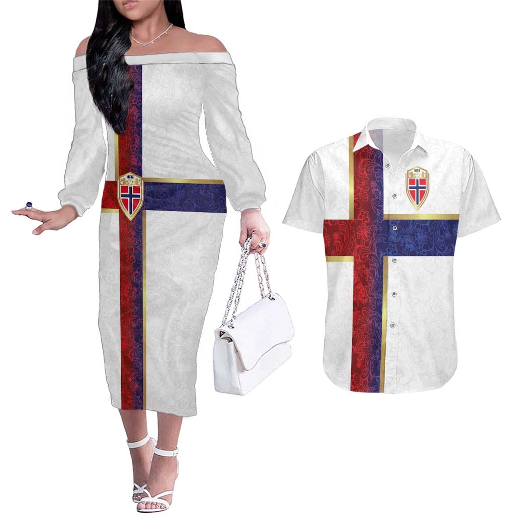 Custom Norway Football Couples Matching Off The Shoulder Long Sleeve Dress and Hawaiian Shirt Norwegian Flag Style with Rosemaling Pattern - Wonder Print Shop