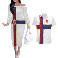 Custom Norway Football Couples Matching Off The Shoulder Long Sleeve Dress and Hawaiian Shirt Norwegian Flag Style with Rosemaling Pattern - Wonder Print Shop