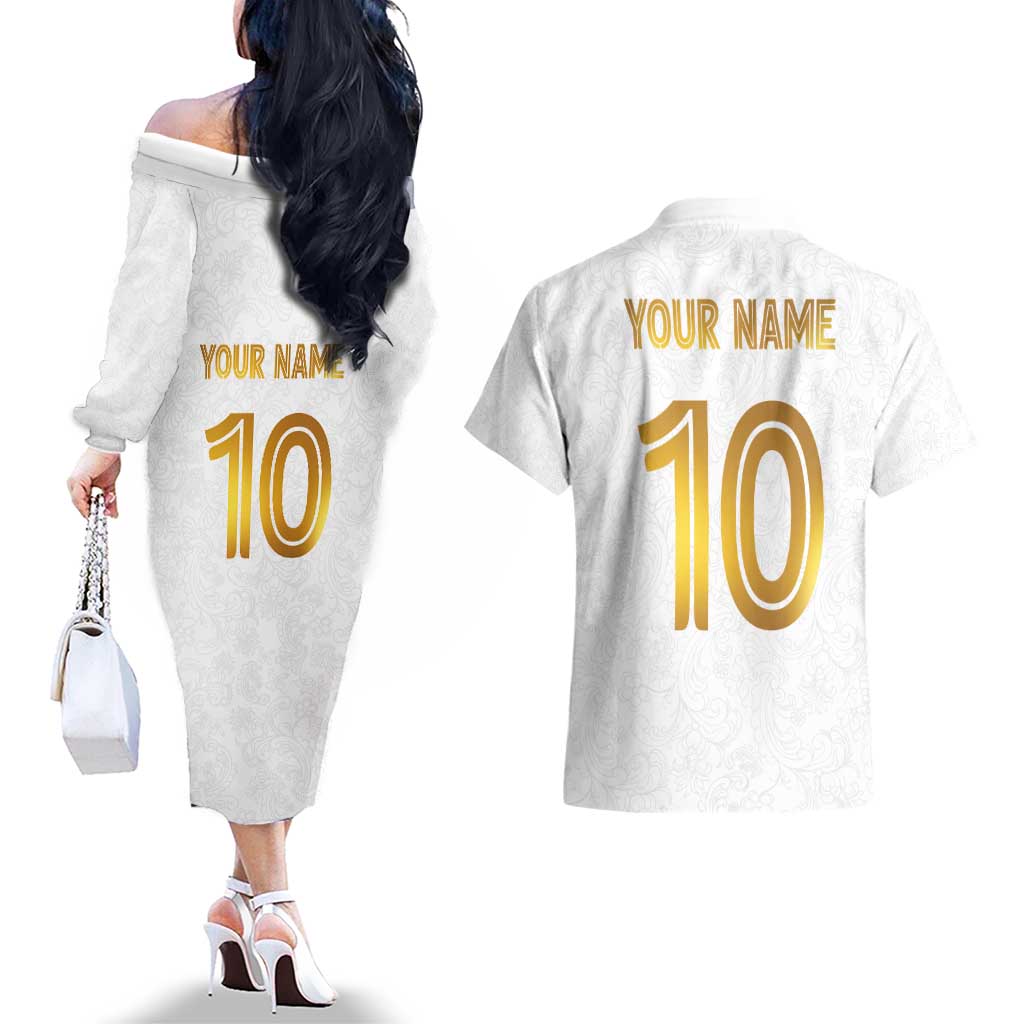 Custom Norway Football Couples Matching Off The Shoulder Long Sleeve Dress and Hawaiian Shirt Norwegian Flag Style with Rosemaling Pattern - Wonder Print Shop