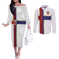 Custom Norway Football Couples Matching Off The Shoulder Long Sleeve Dress and Long Sleeve Button Shirt Norwegian Flag Style with Rosemaling Pattern - Wonder Print Shop