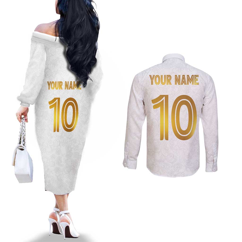 Custom Norway Football Couples Matching Off The Shoulder Long Sleeve Dress and Long Sleeve Button Shirt Norwegian Flag Style with Rosemaling Pattern - Wonder Print Shop