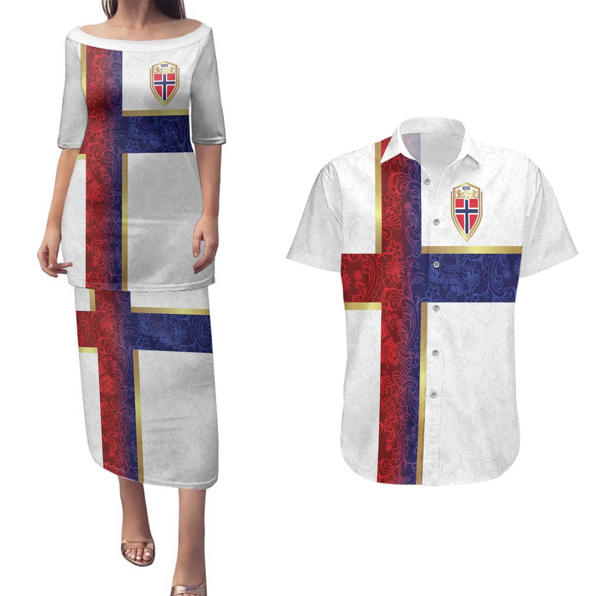 Custom Norway Football Couples Matching Puletasi and Hawaiian Shirt Norwegian Flag Style with Rosemaling Pattern - Wonder Print Shop