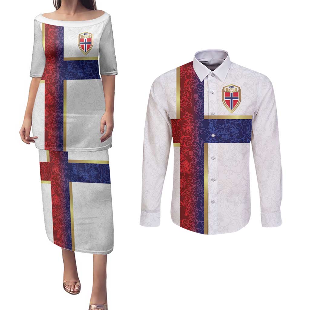 Custom Norway Football Couples Matching Puletasi and Long Sleeve Button Shirt Norwegian Flag Style with Rosemaling Pattern - Wonder Print Shop