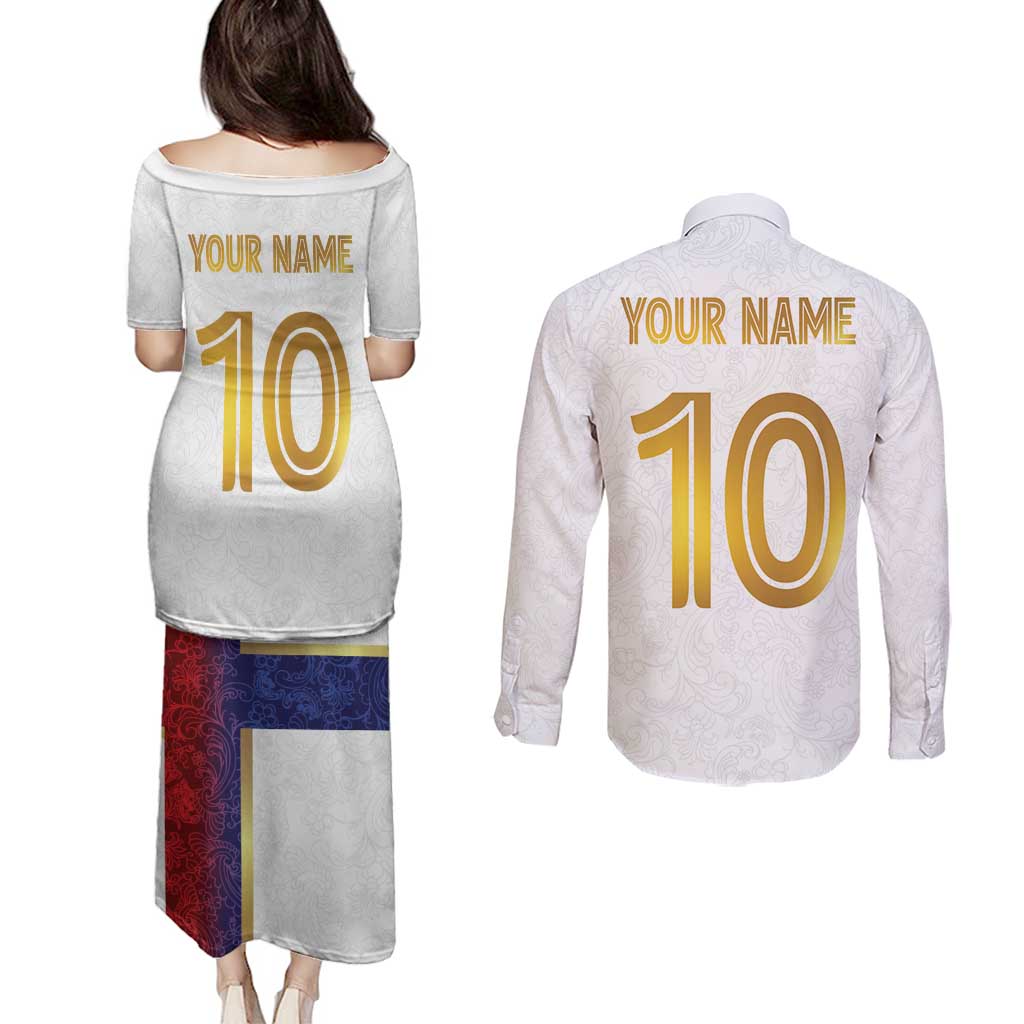 Custom Norway Football Couples Matching Puletasi and Long Sleeve Button Shirt Norwegian Flag Style with Rosemaling Pattern - Wonder Print Shop