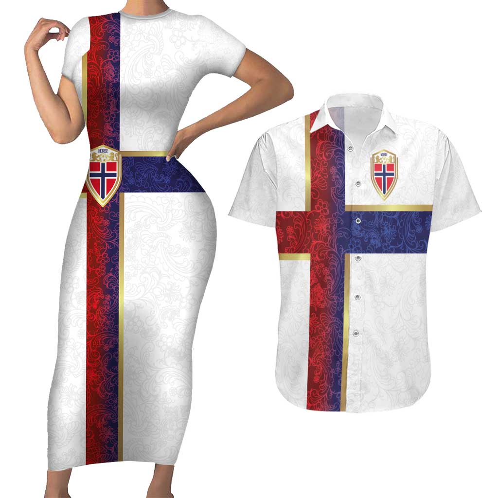 Custom Norway Football Couples Matching Short Sleeve Bodycon Dress and Hawaiian Shirt Norwegian Flag Style with Rosemaling Pattern - Wonder Print Shop