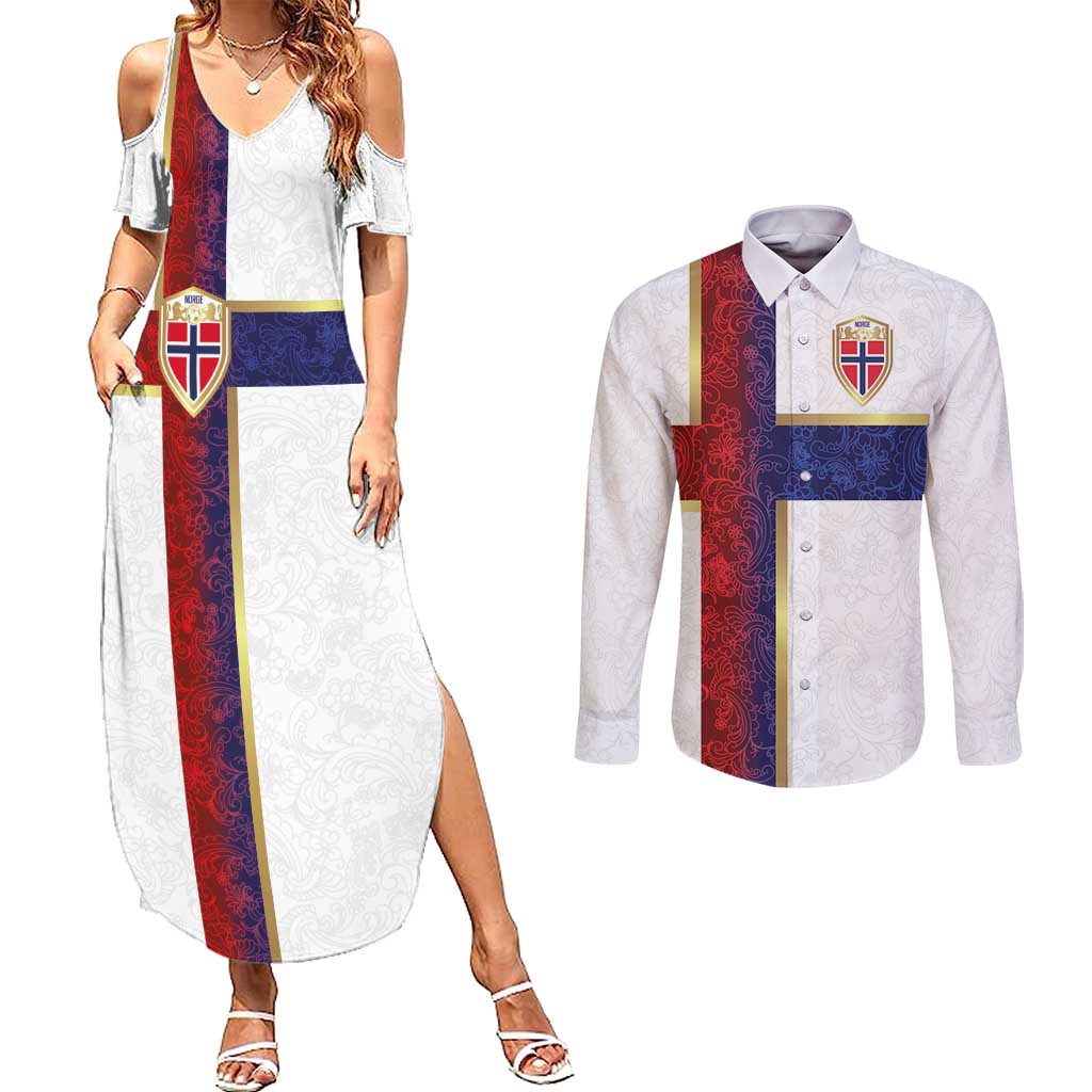 Custom Norway Football Couples Matching Summer Maxi Dress and Long Sleeve Button Shirt Norwegian Flag Style with Rosemaling Pattern - Wonder Print Shop