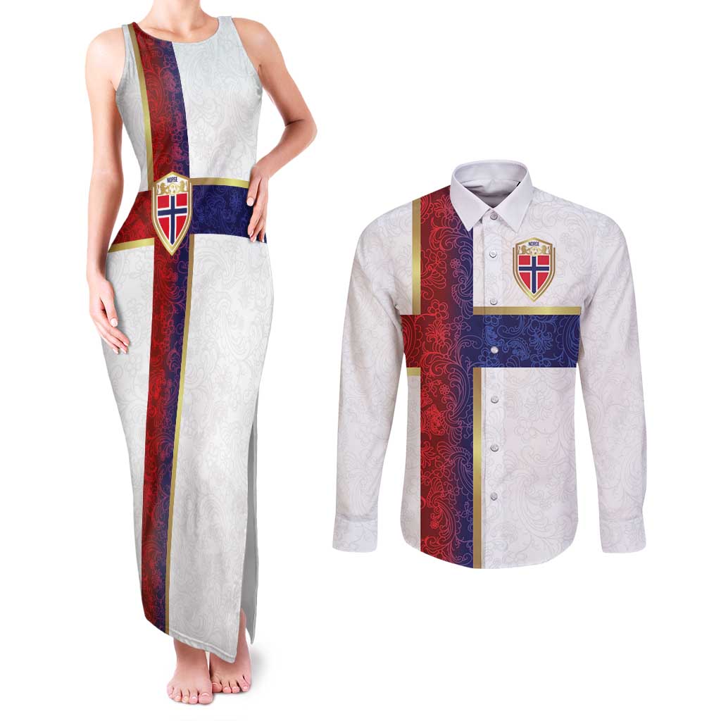 Custom Norway Football Couples Matching Tank Maxi Dress and Long Sleeve Button Shirt Norwegian Flag Style with Rosemaling Pattern - Wonder Print Shop