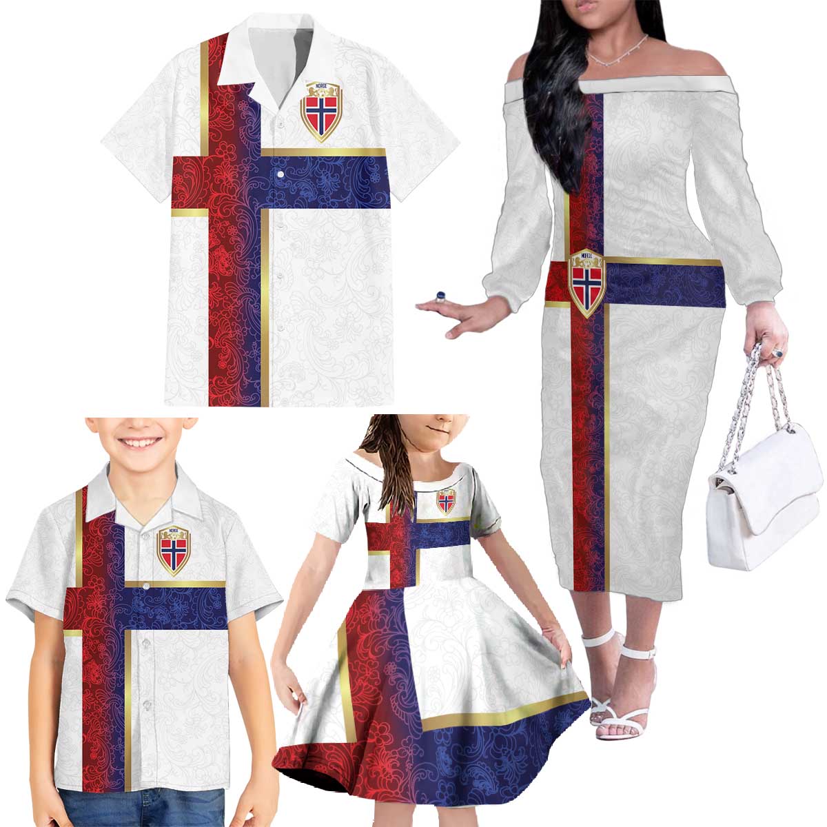 Custom Norway Football Family Matching Off The Shoulder Long Sleeve Dress and Hawaiian Shirt Norwegian Flag Style with Rosemaling Pattern - Wonder Print Shop