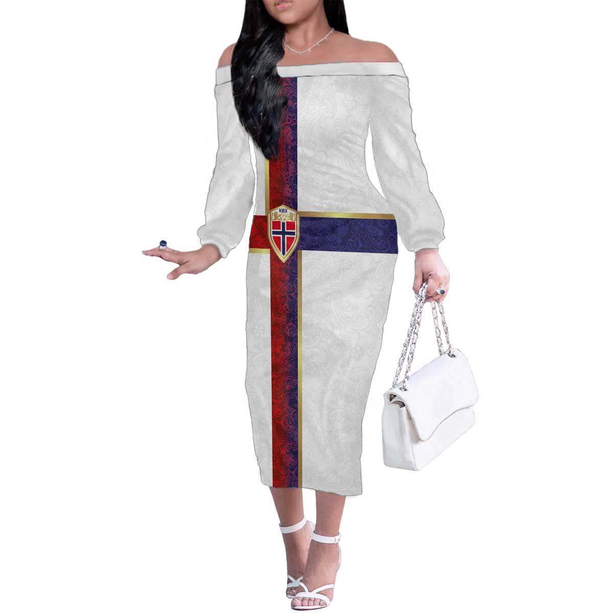 Custom Norway Football Family Matching Off The Shoulder Long Sleeve Dress and Hawaiian Shirt Norwegian Flag Style with Rosemaling Pattern - Wonder Print Shop