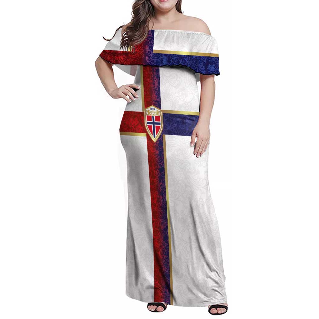 Custom Norway Football Family Matching Off Shoulder Maxi Dress and Hawaiian Shirt Norwegian Flag Style with Rosemaling Pattern - Wonder Print Shop