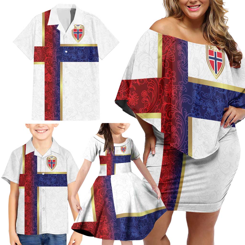 Custom Norway Football Family Matching Off Shoulder Short Dress and Hawaiian Shirt Norwegian Flag Style with Rosemaling Pattern - Wonder Print Shop