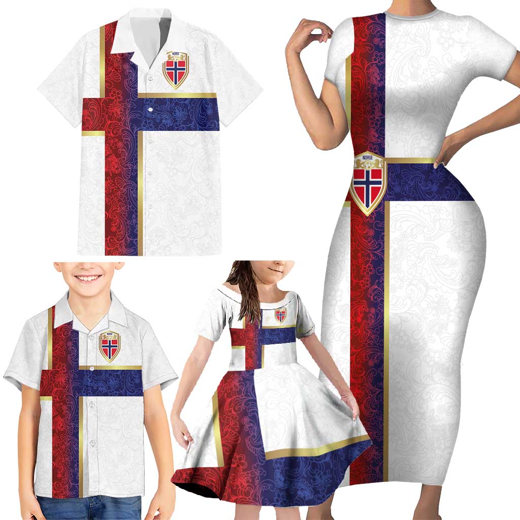 Custom Norway Football Family Matching Short Sleeve Bodycon Dress and Hawaiian Shirt Norwegian Flag Style with Rosemaling Pattern - Wonder Print Shop