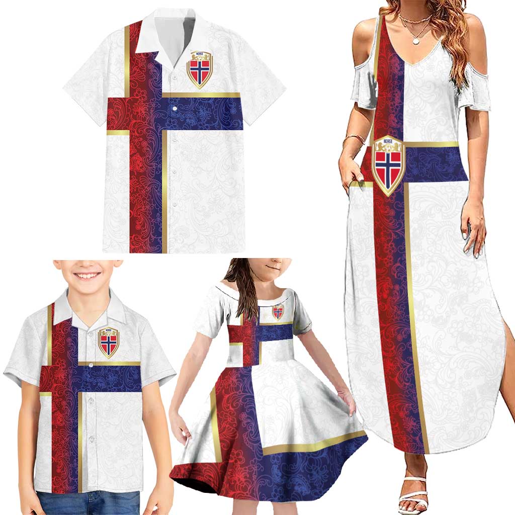 Custom Norway Football Family Matching Summer Maxi Dress and Hawaiian Shirt Norwegian Flag Style with Rosemaling Pattern - Wonder Print Shop