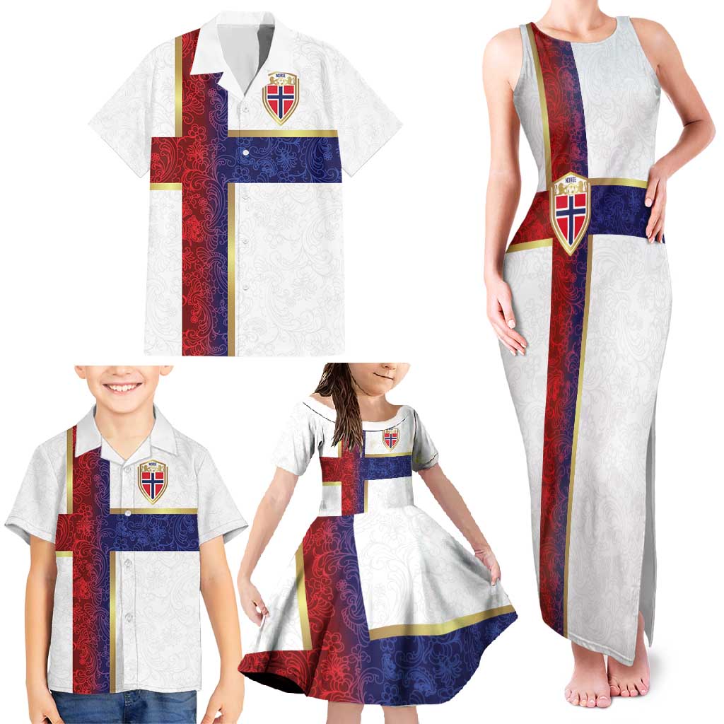 Custom Norway Football Family Matching Tank Maxi Dress and Hawaiian Shirt Norwegian Flag Style with Rosemaling Pattern - Wonder Print Shop