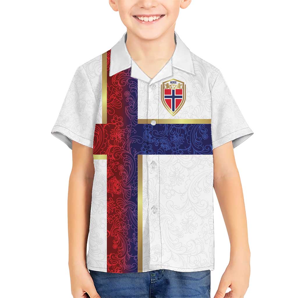 Custom Norway Football Kid Hawaiian Shirt Norwegian Flag Style with Rosemaling Pattern - Wonder Print Shop