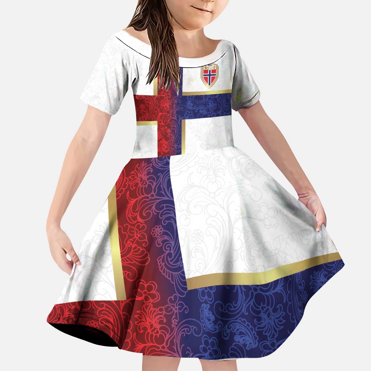Custom Norway Football Kid Short Sleeve Dress Norwegian Flag Style with Rosemaling Pattern - Wonder Print Shop