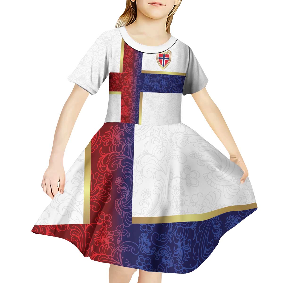 Custom Norway Football Kid Short Sleeve Dress Norwegian Flag Style with Rosemaling Pattern - Wonder Print Shop