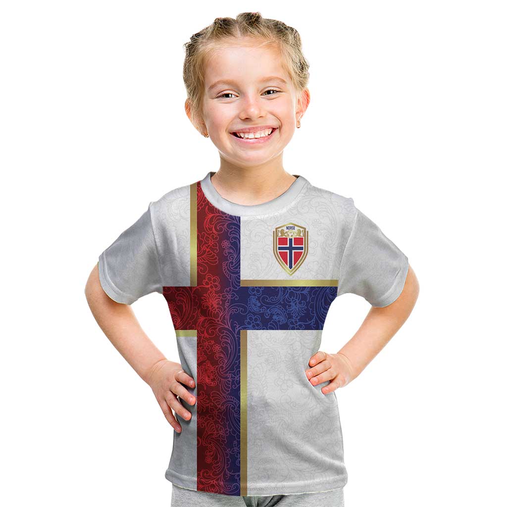 Custom Norway Football Kid T Shirt Norwegian Flag Style with Rosemaling Pattern - Wonder Print Shop