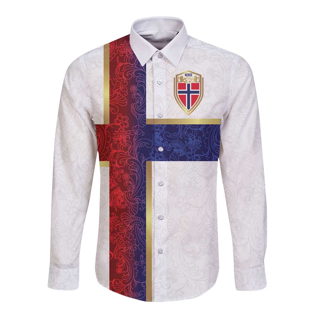 Custom Norway Football Long Sleeve Button Shirt Norwegian Flag Style with Rosemaling Pattern - Wonder Print Shop