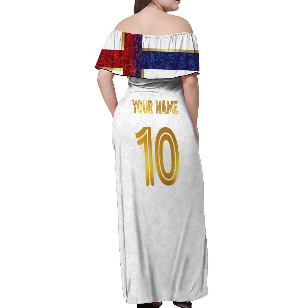 Custom Norway Football Off Shoulder Maxi Dress Norwegian Flag Style with Rosemaling Pattern - Wonder Print Shop