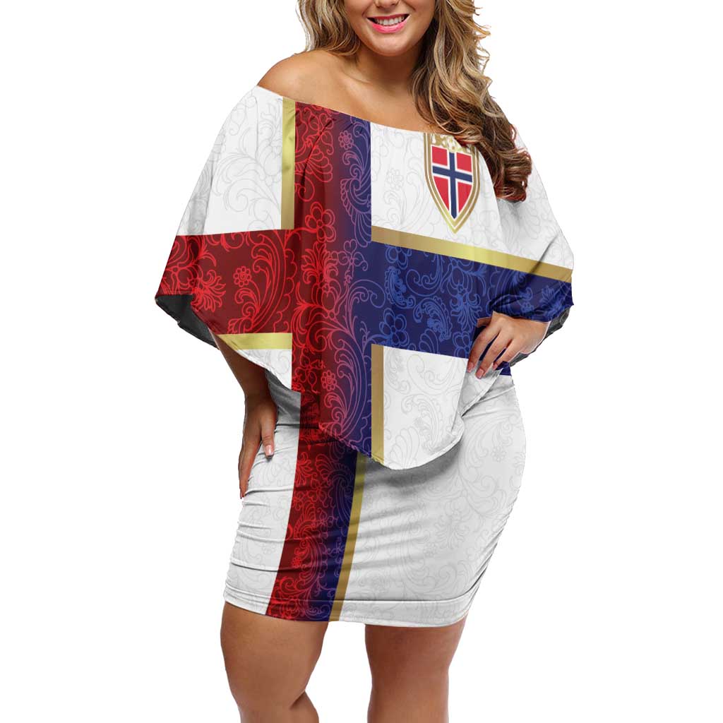 Custom Norway Football Off Shoulder Short Dress Norwegian Flag Style with Rosemaling Pattern - Wonder Print Shop