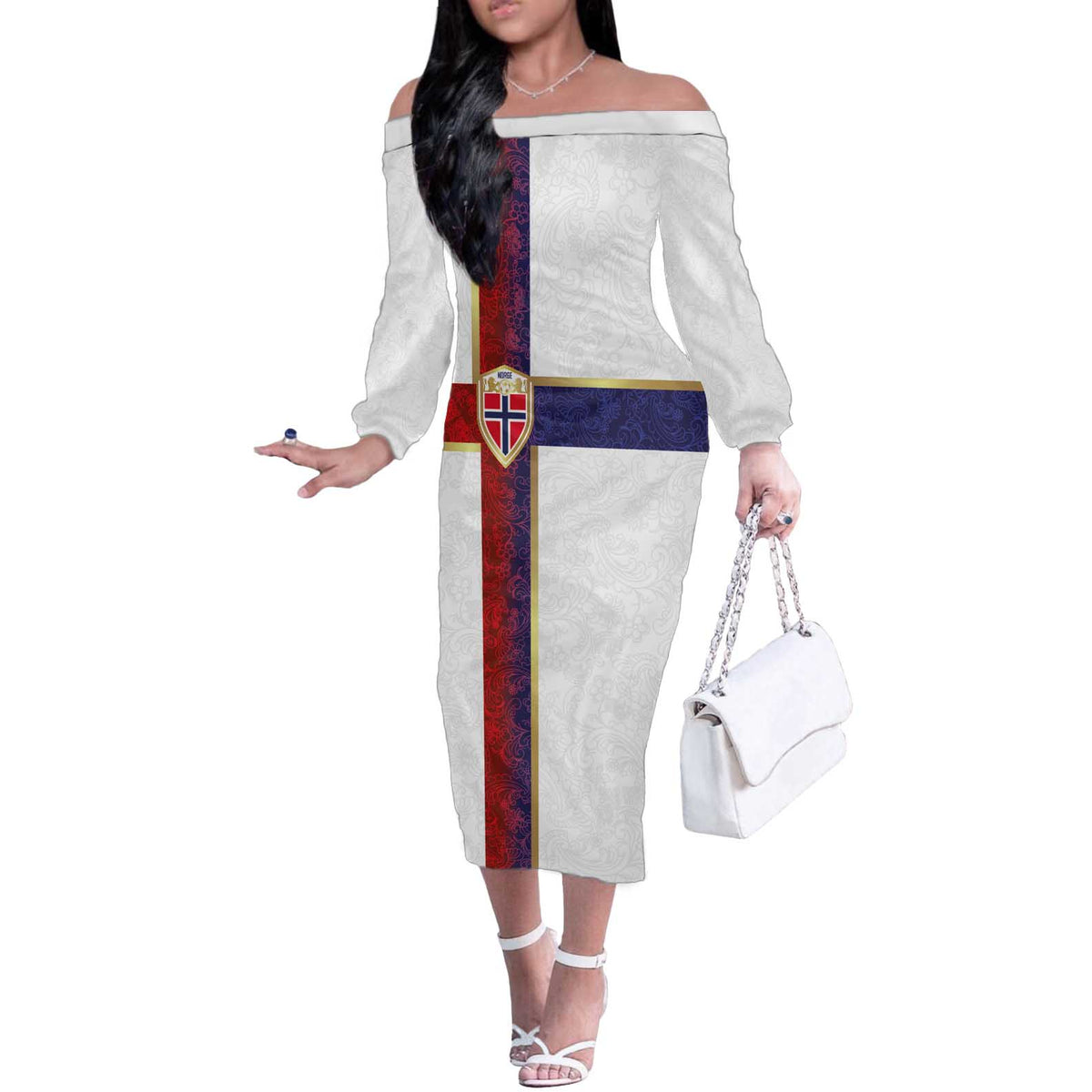 Custom Norway Football Off The Shoulder Long Sleeve Dress Norwegian Flag Style with Rosemaling Pattern - Wonder Print Shop
