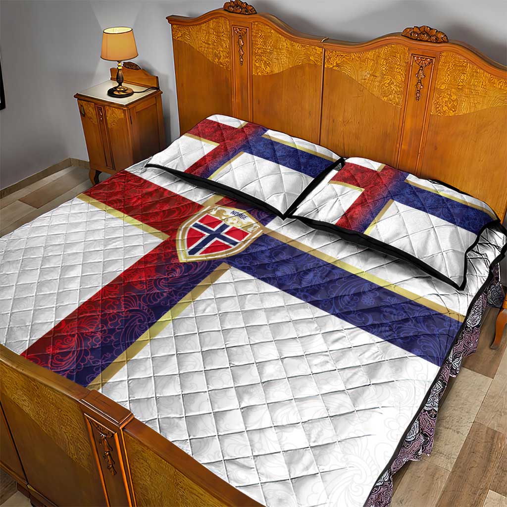 Norway Football Quilt Bed Set Norwegian Flag Style with Rosemaling Pattern - Wonder Print Shop